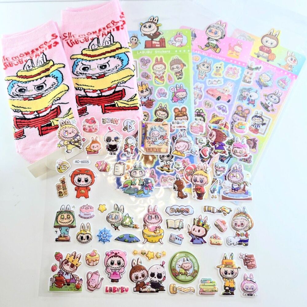 BUBU MONSTERS Themed Bundle: 2 crew socks and 4 sheets of assorted stickers NEW